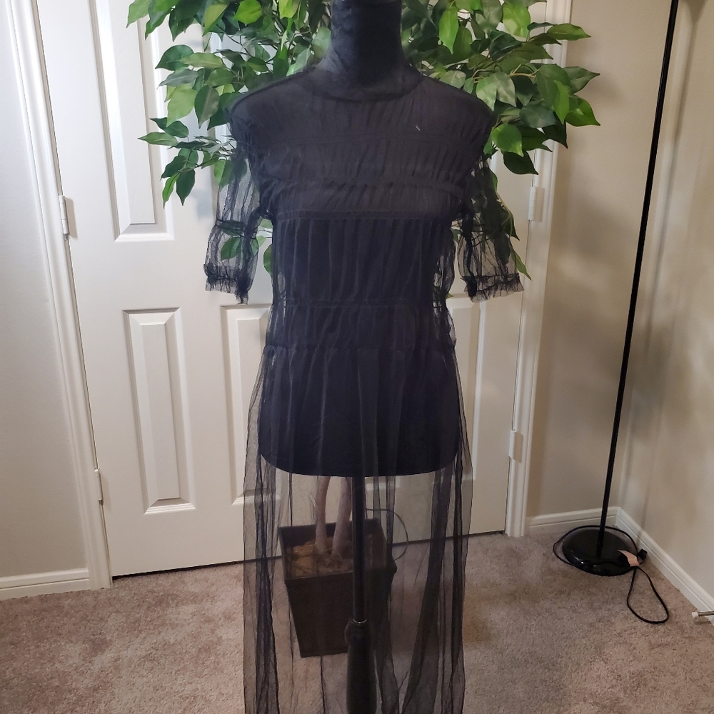 NWOT-Sheer Mesh Ruched Solid Short Sleeve Maxi Dress